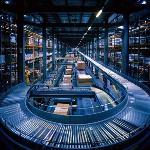 Automated warehouse with conveyors, shelving, and stacked boxes